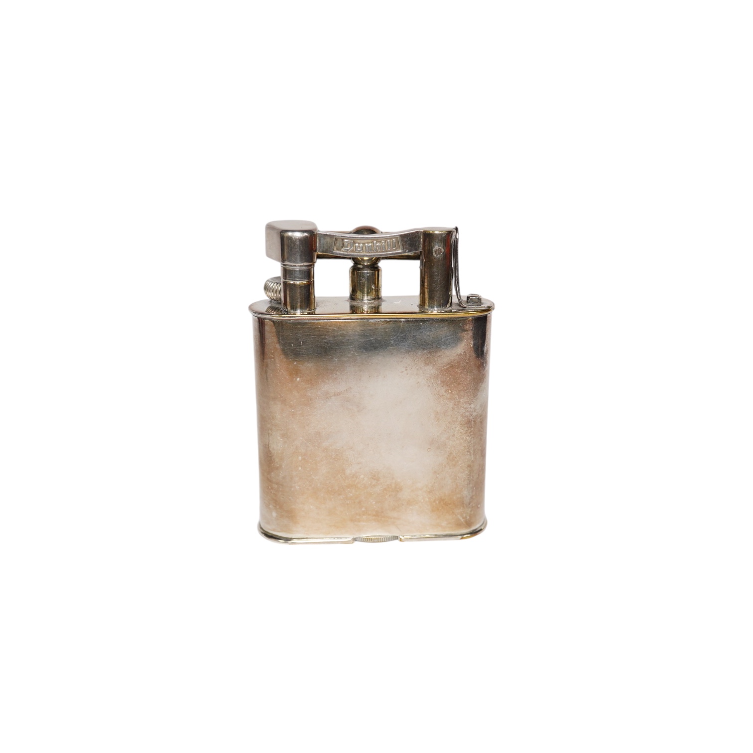 An engraved Alfred Dunhill plated table lighter, 10.7cm. Condition - fair, general wear to the plate